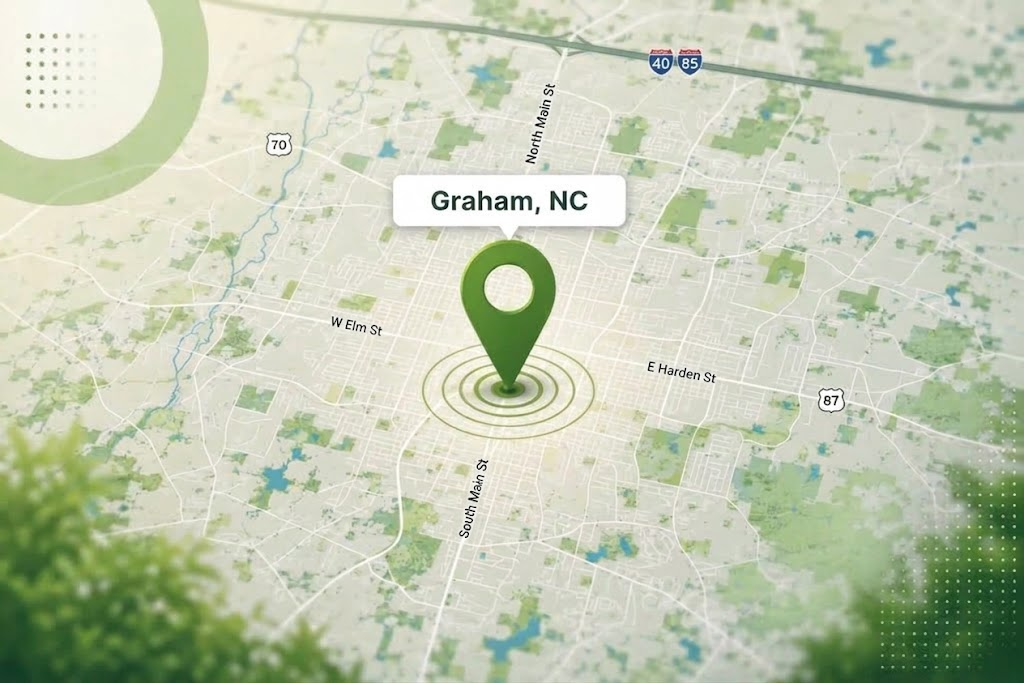 Map for a local pest control in Graham, NC.