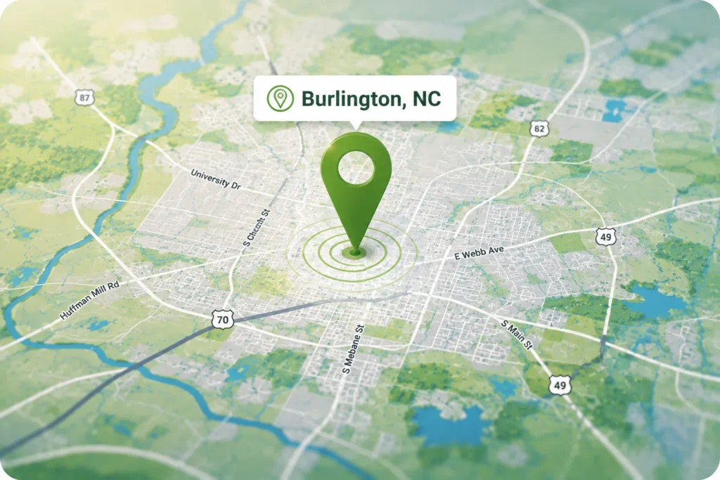 Map for a local pest control in Burlington, NC.