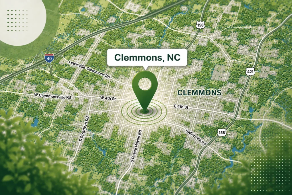 Map for a local pest control in Clemmons, NC.