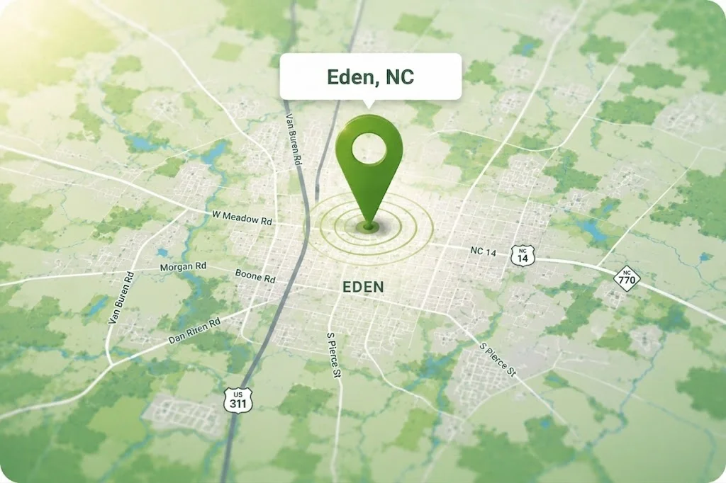 Map for a local pest control in Eden, NC.
