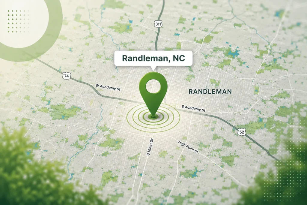 Map for a local pest control in Randleman, NC.