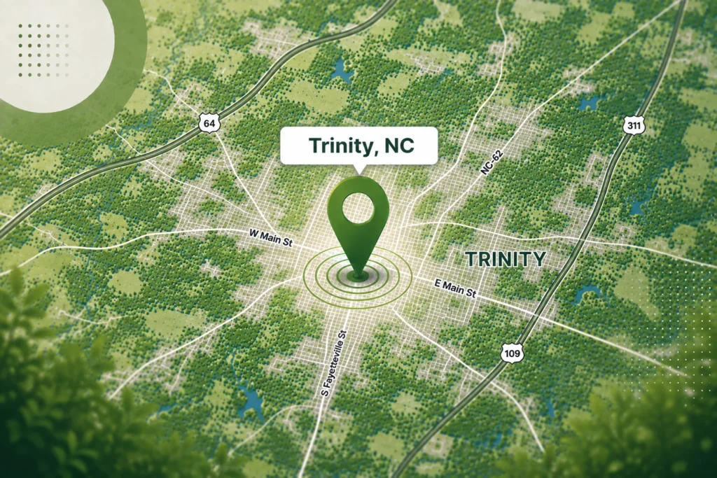 Map for a local pest control in Trinity, NC.